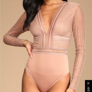 Lulus Casita Beige Sheer Lace Long Sleeve Bodysuit